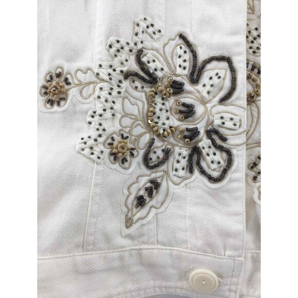 Coldwater Creek Embroidered Beaded Cotton Linen Jacket White 10 - Picture 2 of 5